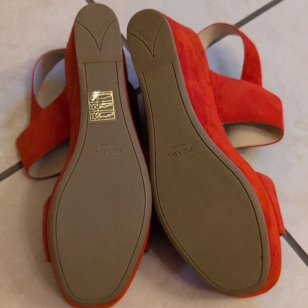 Prada Lipstick Red Wedges Leather Suede Platform Ankle Strap Sandals Size 11.5